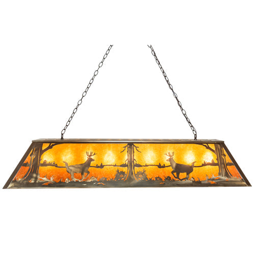 Meyda Lighting Deer at Lake 60" 9-Light Antique Copper Island Pendant Light With Amber Mica Shade Glass