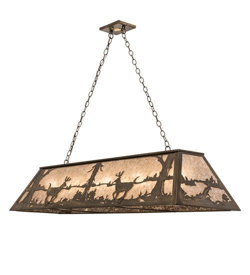 Meyda Lighting Deer at Lake 60" 9-Light Antique Copper Island Pendant Light With Silver Mica Shade Glass