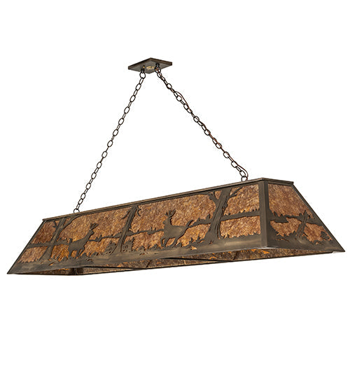 Meyda Lighting Deer at Lake 72" 11-Light Antique Copper Island Pendant Light With Amber Mica Shade Glass