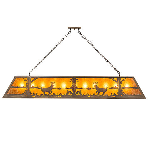 Meyda Lighting Deer at Lake 72" 11-Light Antique Copper Island Pendant Light With Amber Mica Shade Glass