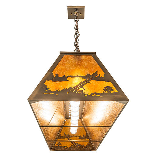 Meyda Lighting Deer at Lake 72" 11-Light Antique Copper Island Pendant Light With Amber Mica Shade Glass