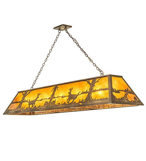 Meyda Lighting Deer at Lake 72" 11-Light Antique Copper Island Pendant Light With Amber Mica Shade Glass