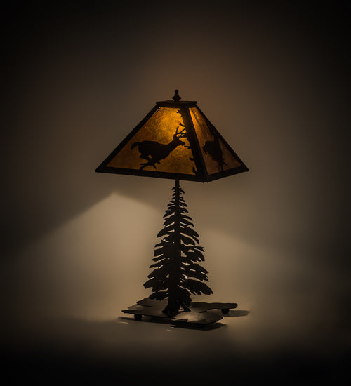 Meyda Lighting Deer on the Loose 22" 2-Light Textured Black Table Lamp With Amber Mica Shade Glass and Lighted Base