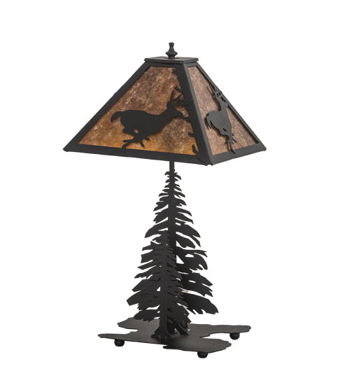 Meyda Lighting Deer on the Loose 22" 2-Light Textured Black Table Lamp With Amber Mica Shade Glass and Lighted Base