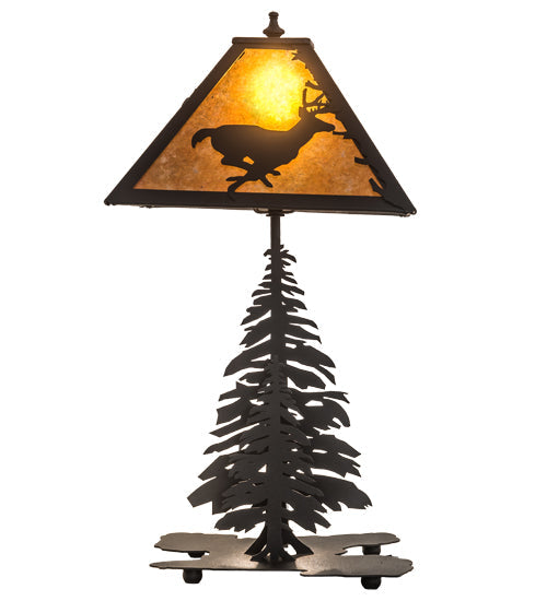 Meyda Lighting Deer on the Loose 22" 2-Light Textured Black Table Lamp With Amber Mica Shade Glass and Lighted Base