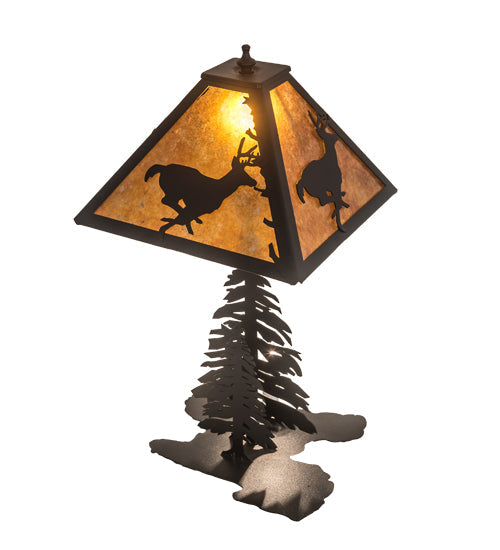 Meyda Lighting Deer on the Loose 22" 2-Light Textured Black Table Lamp With Amber Mica Shade Glass and Lighted Base