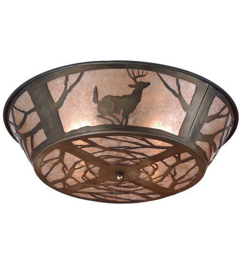 Meyda Lighting Deer on the Loose 22" 4-Light Antique Copper Flush Mount Light With Silver Mica Shade Glass