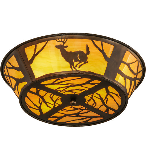 Meyda Lighting Deer on the Loose 23" 4-Light Antique Copper Flush Mount Light With Tawnyrock Acrylic Shade Glass