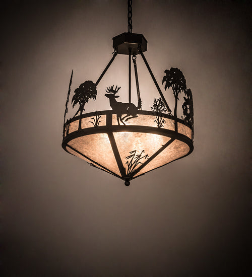 Meyda Lighting Deer on the Loose 24" 4-Light Old Wrought Iron Inverted Pendant Light With Silver Mica Shade Glass