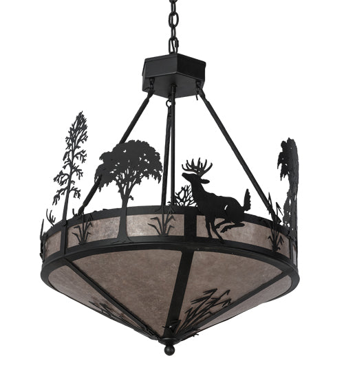 Meyda Lighting Deer on the Loose 24" 4-Light Old Wrought Iron Inverted Pendant Light With Silver Mica Shade Glass