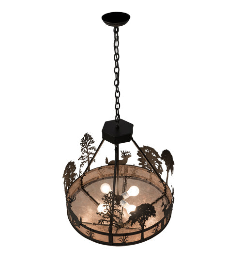 Meyda Lighting Deer on the Loose 24" 4-Light Old Wrought Iron Inverted Pendant Light With Silver Mica Shade Glass