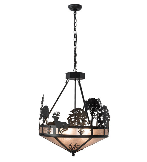 Meyda Lighting Deer on the Loose 24" 4-Light Old Wrought Iron Inverted Pendant Light With Silver Mica Shade Glass