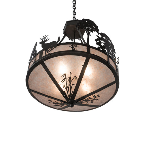 Meyda Lighting Deer on the Loose 24" 4-Light Old Wrought Iron Inverted Pendant Light With Silver Mica Shade Glass
