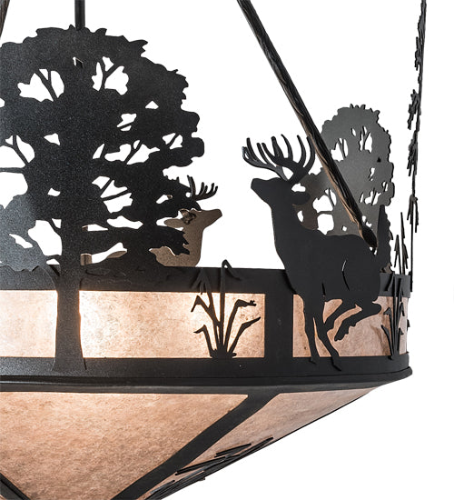 Meyda Lighting Deer on the Loose 24" 4-Light Old Wrought Iron Inverted Pendant Light With Silver Mica Shade Glass
