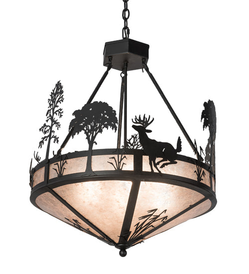 Meyda Lighting Deer on the Loose 24" 4-Light Old Wrought Iron Inverted Pendant Light With Silver Mica Shade Glass