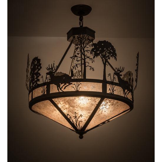 Meyda Lighting Deer on the Loose 26" 4-Light Timeless Bronze Inverted Pendant Light With Silver Mica Shade Glass