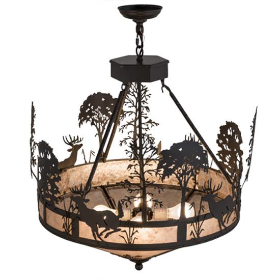 Meyda Lighting Deer on the Loose 26" 4-Light Timeless Bronze Inverted Pendant Light With Silver Mica Shade Glass