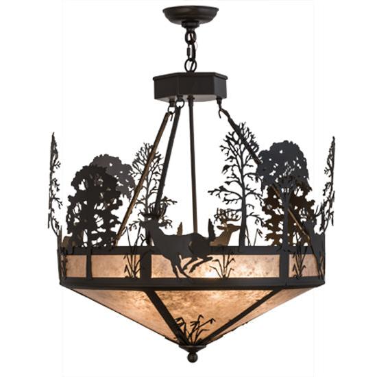 Meyda Lighting Deer on the Loose 26" 4-Light Timeless Bronze Inverted Pendant Light With Silver Mica Shade Glass