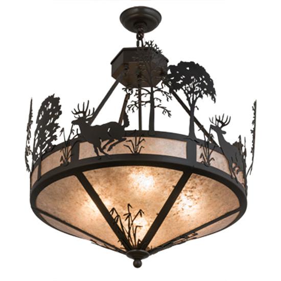 Meyda Lighting Deer on the Loose 26" 4-Light Timeless Bronze Inverted Pendant Light With Silver Mica Shade Glass