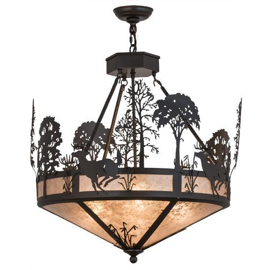 Meyda Lighting Deer on the Loose 26" 4-Light Timeless Bronze Inverted Pendant Light With Silver Mica Shade Glass