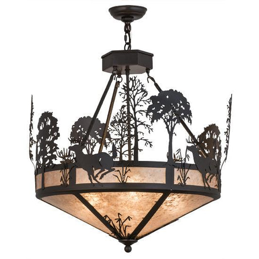 Meyda Lighting Deer on the Loose 26" 4-Light Timeless Bronze Inverted Pendant Light With Silver Mica Shade Glass