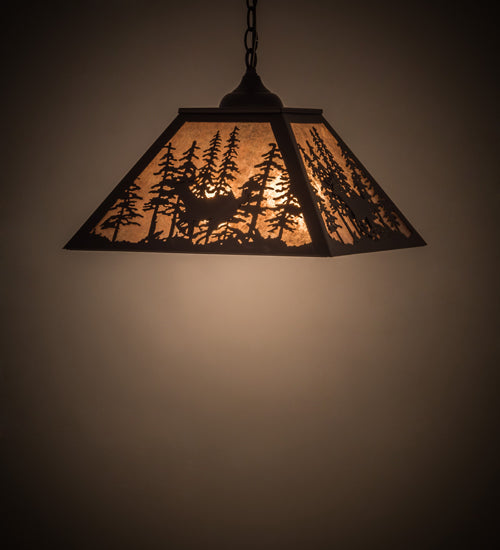 Meyda Lighting Deer through the Trees 24" 2-Light Textured Black Pendant Light With Silver Mica Shade Glass