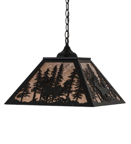 Meyda Lighting Deer through the Trees 24" 2-Light Textured Black Pendant Light With Silver Mica Shade Glass
