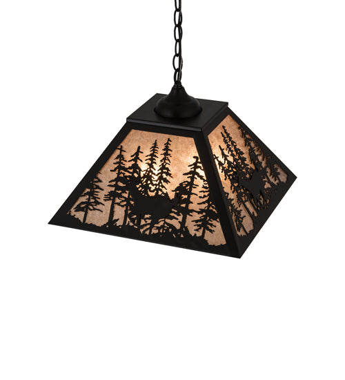Meyda Lighting Deer through the Trees 24" 2-Light Textured Black Pendant Light With Silver Mica Shade Glass