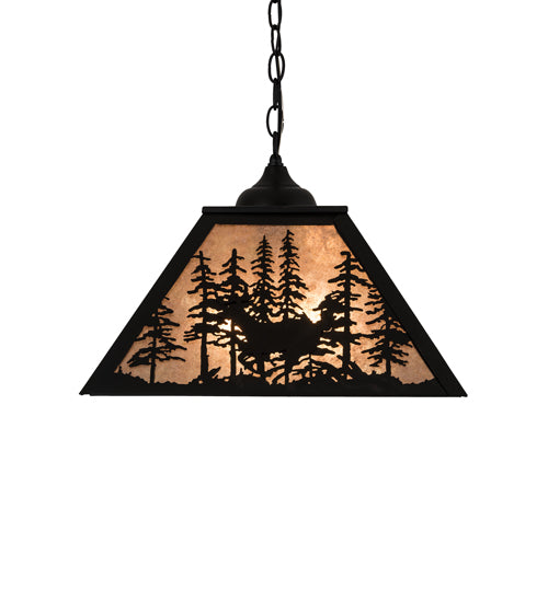 Meyda Lighting Deer through the Trees 24" 2-Light Textured Black Pendant Light With Silver Mica Shade Glass