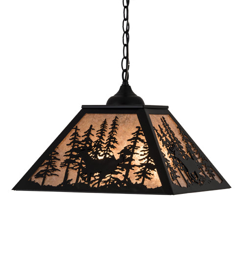 Meyda Lighting Deer through the Trees 24" 2-Light Textured Black Pendant Light With Silver Mica Shade Glass