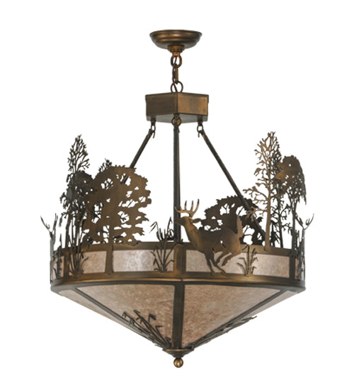 Meyda Lighting Deer through the Trees 26" 4-Light Antique Copper Inverted Pendant Light With Silver Mica Shade Glass