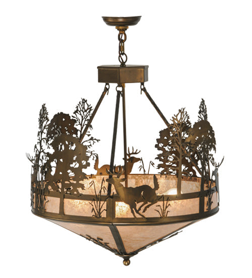 Meyda Lighting Deer through the Trees 26" 4-Light Antique Copper Inverted Pendant Light With Silver Mica Shade Glass