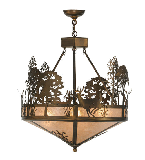 Meyda Lighting Deer through the Trees 26" 4-Light Antique Copper Inverted Pendant Light With Silver Mica Shade Glass
