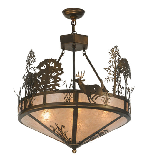 Meyda Lighting Deer through the Trees 26" 4-Light Antique Copper Inverted Pendant Light With Silver Mica Shade Glass