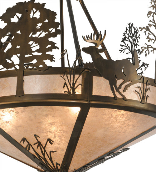 Meyda Lighting Deer through the Trees 26" 4-Light Antique Copper Inverted Pendant Light With Silver Mica Shade Glass