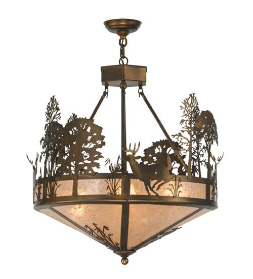 Meyda Lighting Deer through the Trees 26" 4-Light Antique Copper Inverted Pendant Light With Silver Mica Shade Glass