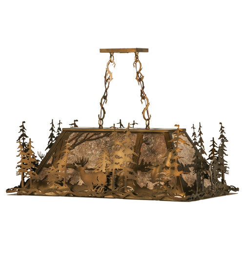 Meyda Lighting Deer through the Trees 34" 5-Light Antique Copper Island Pendant Light With Silver Mica Shade Glass