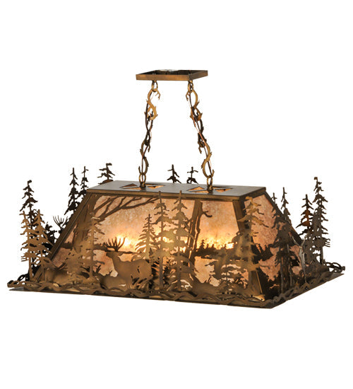 Meyda Lighting Deer through the Trees 34" 5-Light Antique Copper Island Pendant Light With Silver Mica Shade Glass