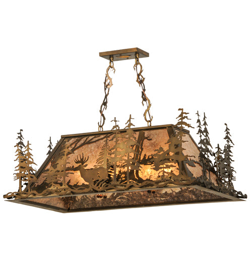 Meyda Lighting Deer through the Trees 34" 5-Light Antique Copper Island Pendant Light With Silver Mica Shade Glass