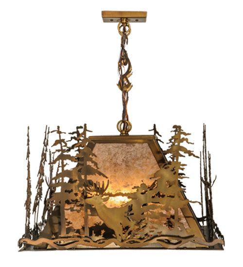 Meyda Lighting Deer through the Trees 34" 5-Light Antique Copper Island Pendant Light With Silver Mica Shade Glass
