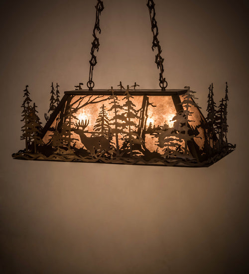 Meyda Lighting Deer through the Trees 34" 5-Light Antique Copper Island Pendant Light With Silver Mica Shade Glass