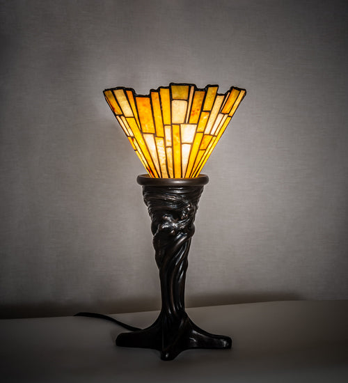 Meyda Lighting Delta 17" Mahogany Bronze Mini Table Lamp With Beige & Honey Amber Jadestone Shade