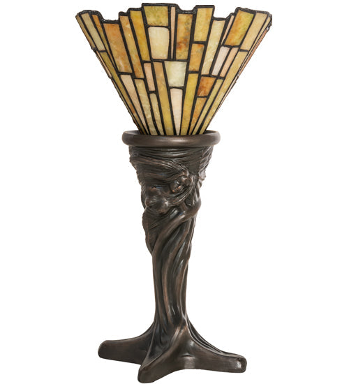 Meyda Lighting Delta 17" Mahogany Bronze Mini Table Lamp With Beige & Honey Amber Jadestone Shade