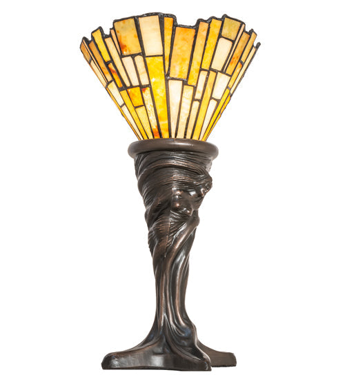 Meyda Lighting Delta 17" Mahogany Bronze Mini Table Lamp With Beige & Honey Amber Jadestone Shade