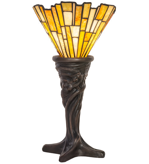 Meyda Lighting Delta 17" Mahogany Bronze Mini Table Lamp With Beige & Honey Amber Jadestone Shade