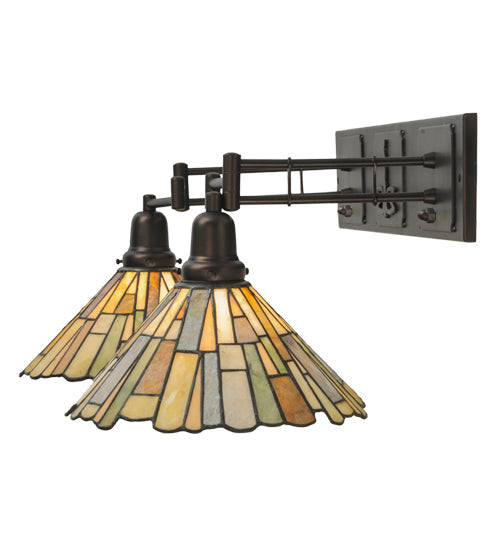 Meyda Lighting Delta 36-55" 2-Light Mahogany Bronze Swing Arm Wall Sconce With Multi-Colored Jadestone Shade