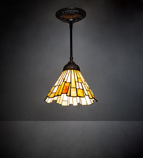 Meyda Lighting Delta 8" Mahogany Bronze Mini Pendant Light With Beige & Honey Amber Jadestone Shade Glass