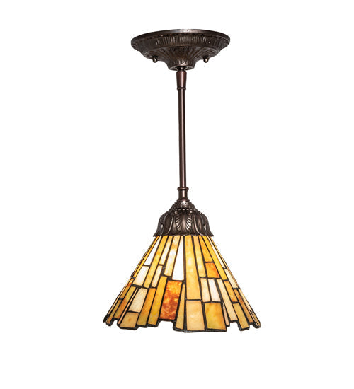 Meyda Lighting Delta 8" Mahogany Bronze Mini Pendant Light With Beige & Honey Amber Jadestone Shade Glass