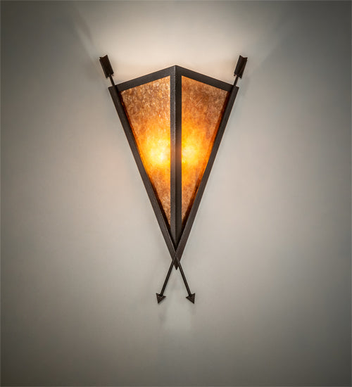 Meyda Lighting Desert Arrow 15" 2-Light Distressed Rust Wall Sconce With Amber Mica Shade Glass