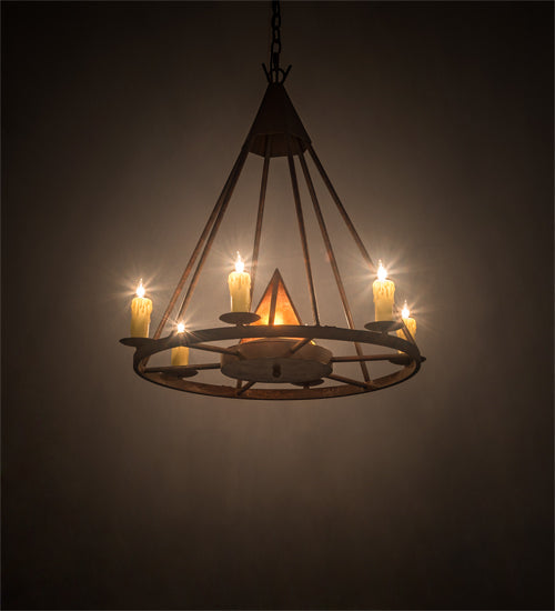 Meyda Lighting Desert Arrow 30" 7-Light Rusty Nail Chandelier With Amber Mica Shade Glass